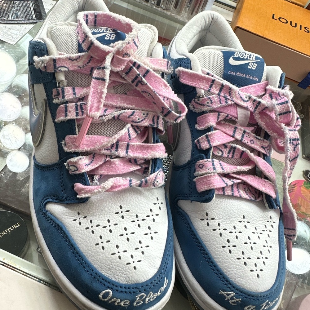 BORN X RAISED Pink and Blue Sneakers with Skateboarding Design